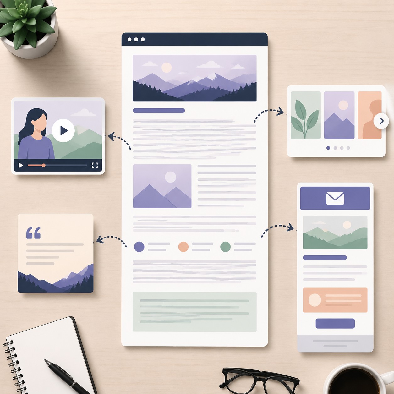 A central blog post webpage with arrows radiating out to a video thumbnail, an image carousel, a quote graphic, and an email newsletter, showing one article repurposed into multiple content formats.