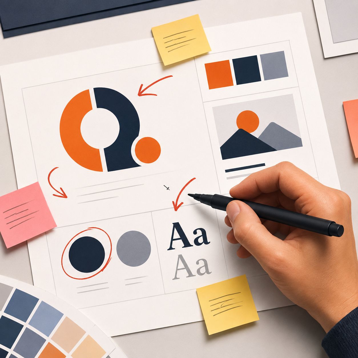 A hand annotating a brand style guide page with a marker, adding notes and arrows around a logo mark, color palette, and typography samples, with sticky notes attached.